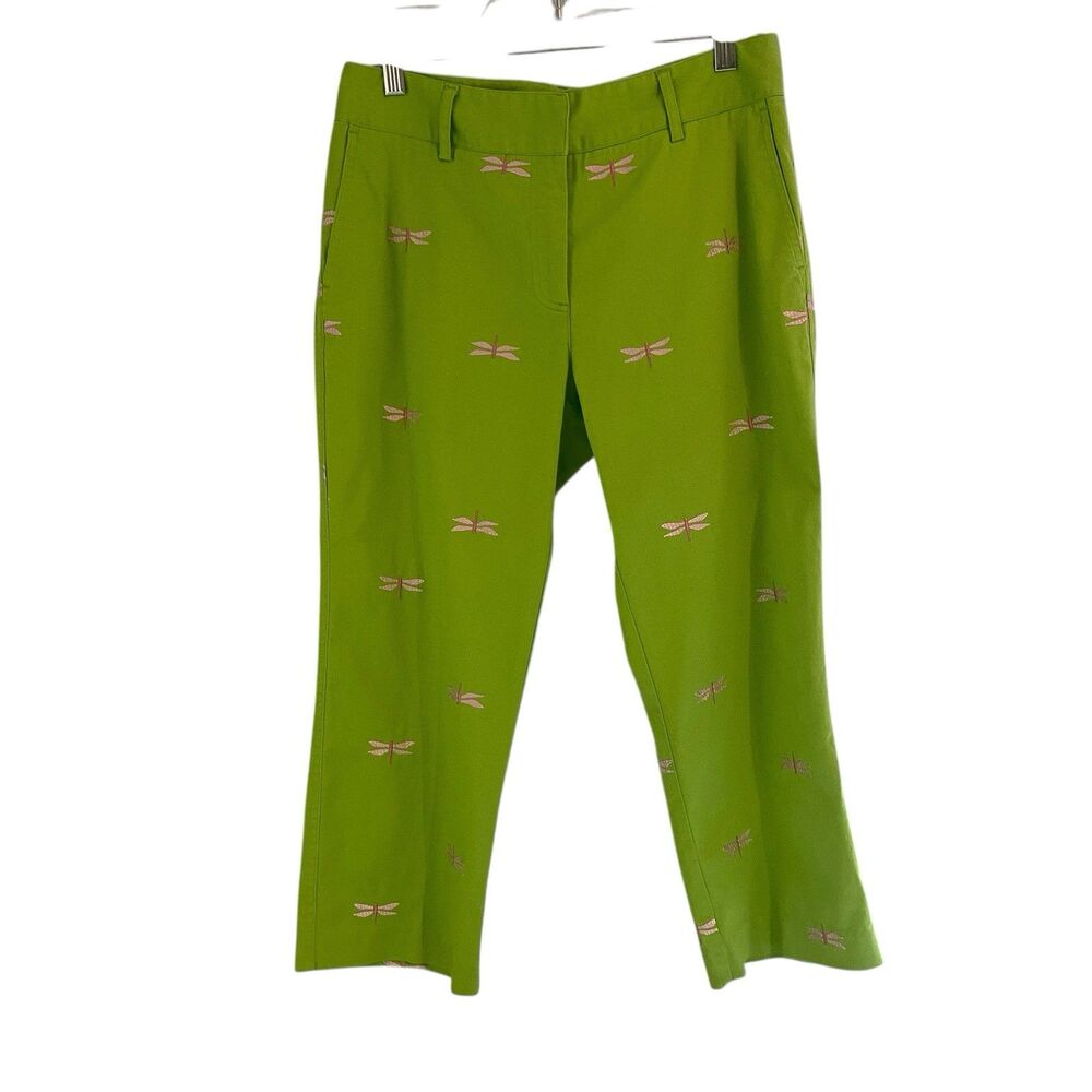 Lilly Pulitzer Women Lime Green Pink Dragon Fly Embroidered Cropped Pants Size 8